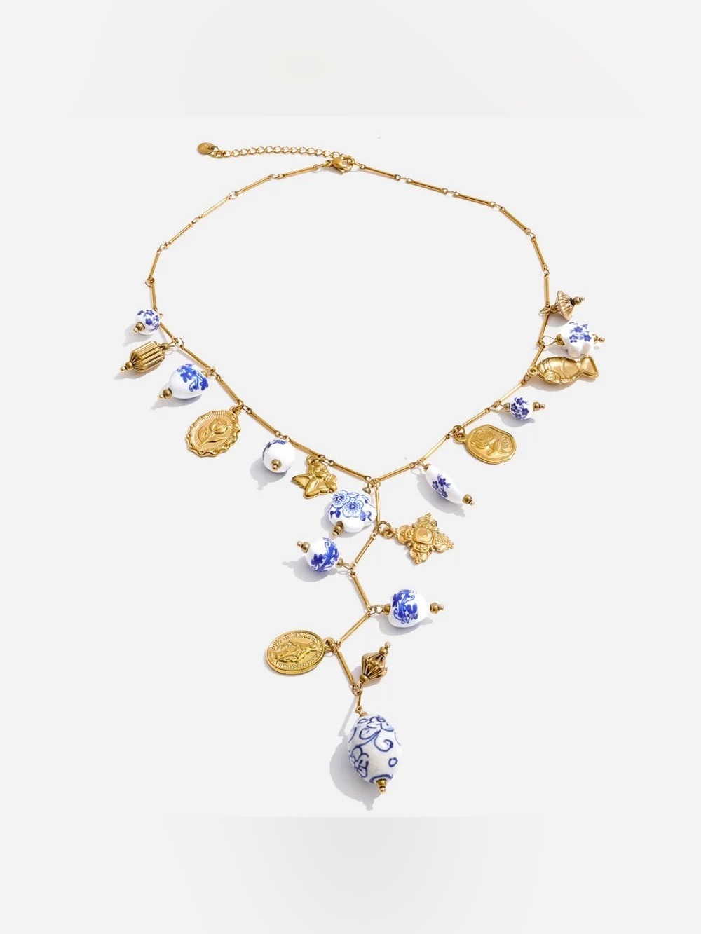 Blue & White Porcelain Charm Necklace – Gold Plated Statement Necklace